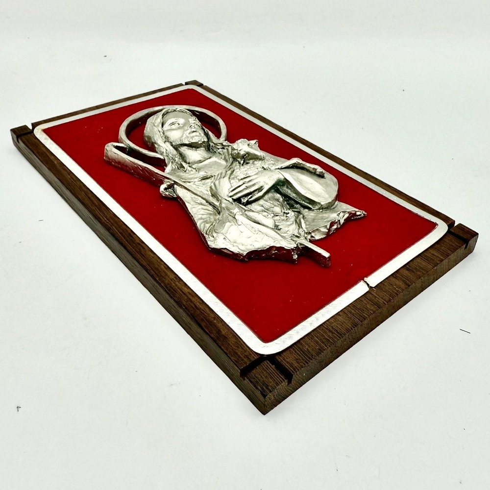 Vintage Italian Pewter Jesus Plaque Red Velvet by Peltro Italy– Good Shepherd 6" - Picture 5 of 9